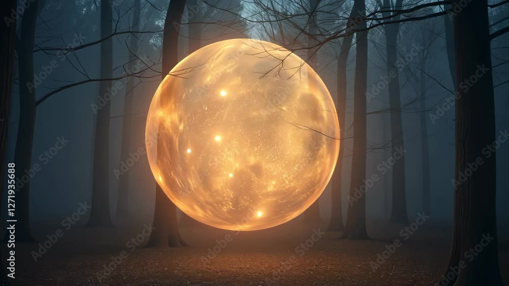 Poster luminous sphere floating in a misty forest with stars twinkling inside creating a surreal atmosphere