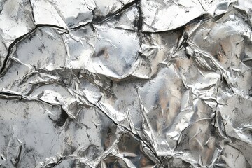Crumpled silver foil texture background with harsh lighting, showcasing abstract shapes and industrial feel, ideal for creative projects and design concepts.