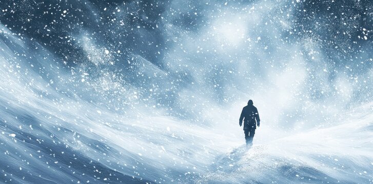 A lone figure trudges through a blinding snowstorm landscape