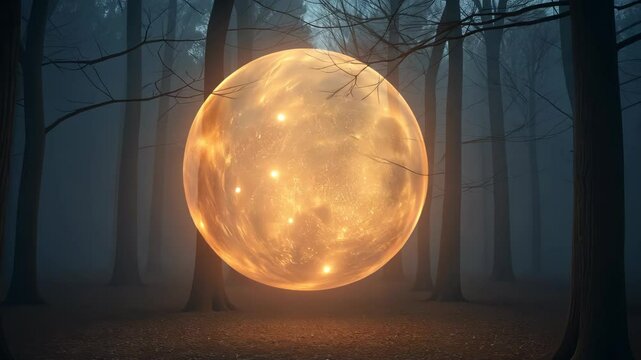  Luminous sphere floating in a misty forest with stars twinkling inside creating a surreal atmosphere