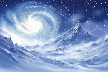 Snowy mountain range under a swirling vortex of snow