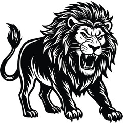 Majestic Lion Vector Illustration &ndash; Bold and Fierce Black and White Design. Powerful Lion Tattoo Design &ndash; Stunning Black and White Lion Art.