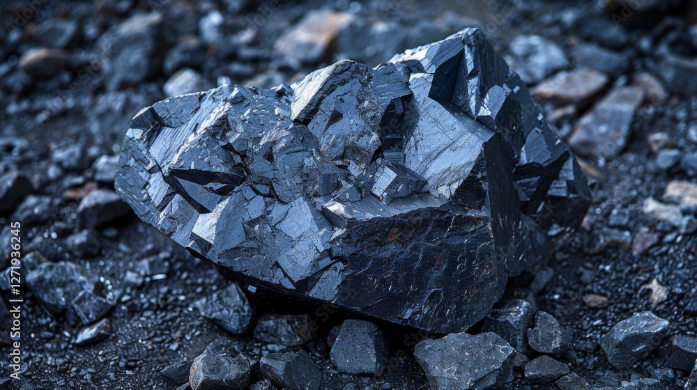 Poster a large black mineral stone is situated among smaller rocks, exhibiting sharp crystal edges and a gl