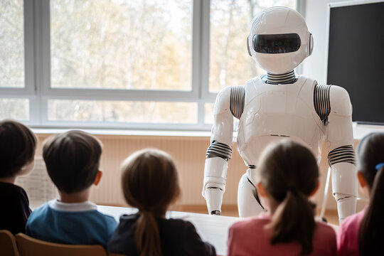 AI android robot teaching class in font of young children