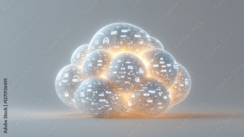 Poster a sleek metallic cloud shape rendered in a gradient of white and silver adorned with glowing padlock