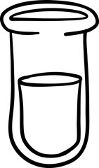 Simple black and white outline of a test tube partially filled with liquid. A minimalistic hand-drawn illustration perfect for science, laboratory, and chemistry-related themes
