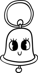 Black and white kawaii-style illustration of a bell with a happy, smiling face. A playful hand-drawn design perfect for Christmas, holidays, or decorations