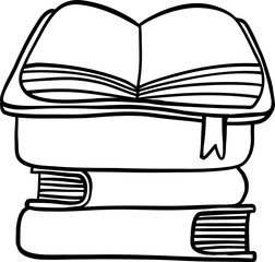 Black and white outline of a stack of books with an open book on top. A hand-drawn illustration perfect for education, reading, and literature themes