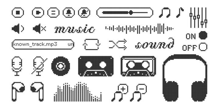 Set of pixel icons of radio, media player buttons, microphone, music note, equalizer sound volume, media, sound wave. 8 bit abstract music elements. Game abstract elements  in pixel art.
