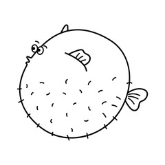 Cute Cartoon Pufferfish Line Art Vector Illustration. Pufferfish with a round, inflated body, small fins, and expressive, surprised eyes. The fish has spiky details across its body.