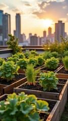 Fototapeta premium Urban rooftop garden with vibrant vegetables at sunset in a cityscape setting