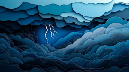 Stormy Cloud with Lightning in Dark Blue and Gray Hues, Paper Cut