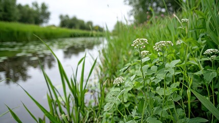 Obraz premium White Flowers and Lush Green Plants Growing Along a Calm River