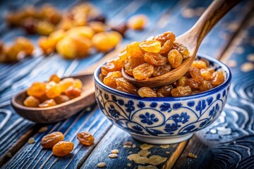 Obraz premium Golden Raisins on Wooden Spoon Above Blue and White Bowl - Stock Photo