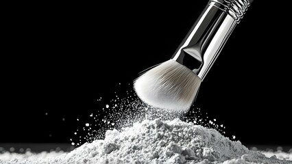 A makeup brush lightly dusting loose powder, creating a fine powder cloud against a dark background. Concept Makeup Application, Loose Powder Techniques, Artistic Photography, Beauty Essentials