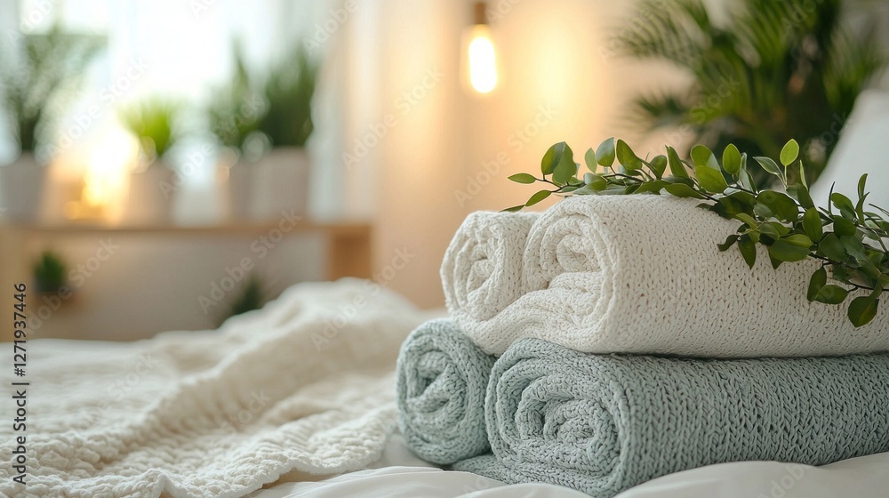 Poster Neatly arranged soft blankets and plush pillows rest on a stylish bed, complemented by gentle greenery, evoking a calm atmosphere perfect for relaxation and comfort