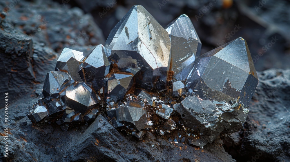 Poster shiny metallic crystals form a striking cluster atop a dark mineral base, illuminated by natural lig