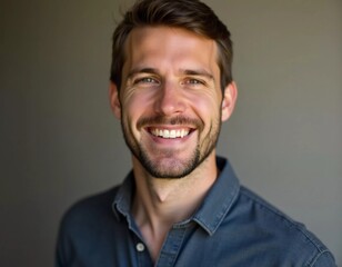 Obraz premium A cheerful young cute man 30 years old, resident of USA, with short hair and a well-kept beard smiles warmly while wearing a casual wear. Soft lighting enhances the friendly atmosphere. Generative AI