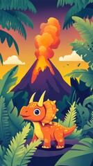 Cartoon triceratops stands before erupting volcano with tropical foliage