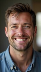A cheerful young cute man 30 years old, resident of USA, with short hair and a well-kept beard smiles warmly while wearing a casual wear. Soft lighting enhances the friendly atmosphere. Generative AI