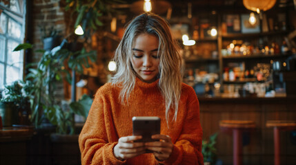 Young Woman Engaged in Smartphone Use in Cozy Cafe