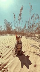 Obraz premium Curious cat exploring sandy dunes desert landscape animal wide angle vibrant nature scene