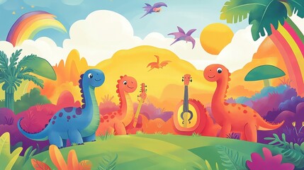 Obraz premium Cartoon dinosaurs play music in a colorful prehistoric scene