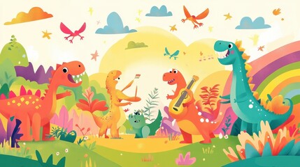 Obraz premium Group of happy cartoon dinosaurs having fun in a colorful landscape