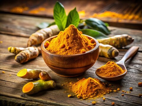 Golden Turmeric Spice: Vibrant Powder & Root on Rustic Wooden Table