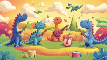 Cartoon dinosaurs play musical instruments in a whimsical landscape