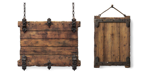 Rustic Wooden Signboard with Metal Chains on a Transparent Background