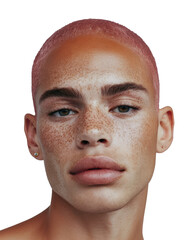 Freckled Model with Pink Hair and Confident Expression on transparent background