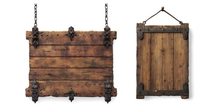 Rustic Wooden Signboard with Metal Chains on a Transparent Background
