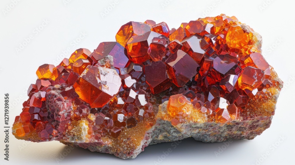 Poster bright orange and red crystals form an intricate cluster atop a rocky surface, capturing light and d