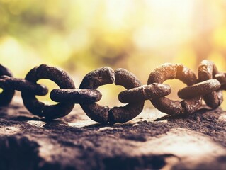 Close-up of rusted metal chain links in sunlight on stone surface