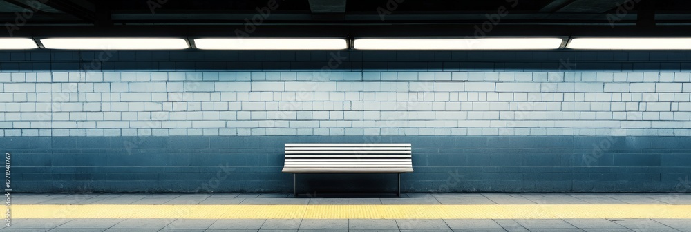 Poster metal bench illuminating a deserted underground subway station platform with bright lights and tiled
