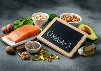 Healthy food selection rich in omega-3 including salmon, nuts, and avocado