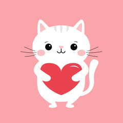 Cute white cat kitten kitty holding red heart. Cartoon kawaii funny animal baby character. Flat design. Happy Valentines Day. Love card. Childish style. Isolated. Pink background. Vector illustration