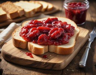 Freshly baked white bread toast topped with vibrant strawberry jam, served on a rustic wooden board, traditional, delicious