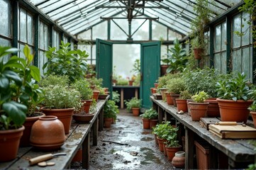 Lush greenhouse with abundant potted plants and open doors on a rainy day