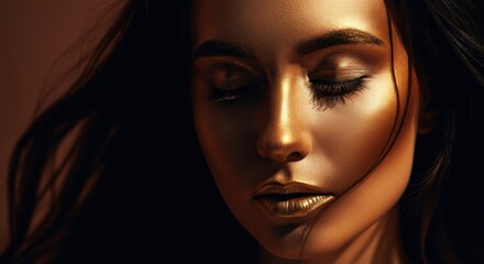 Close-up of a woman with golden makeup and closed eyes, showcasing beauty