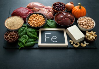 Assorted healthy foods rich in iron including meats, legumes, and greens
