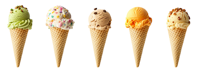 Pistachio, Tutti Frutti, Coffee, Mango, Hazelnut ice cream transparent PNG set bundle, isolated background. Waffle cone scoop, parlour shop menu dessert, colorful classic flavour