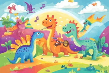 Colorful dinosaurs playing instruments in a whimsical landscape scene