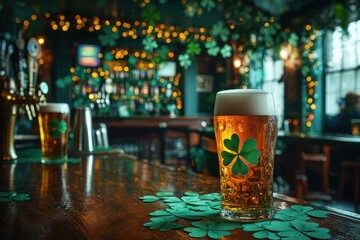 A refreshing glass of beer adorned with a shamrock, celebrating St. Patrick's Day in a festive Irish pub, filled with green decor and cheerful lights.