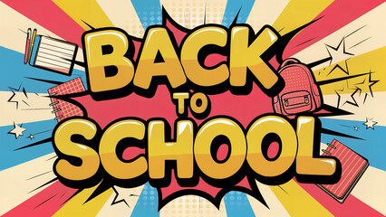 Retro comic book style Back to School graphic design with school supplies