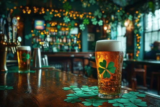 A refreshing glass of beer adorned with a shamrock, celebrating St. Patrick's Day in a festive Irish pub, filled with green decor and cheerful lights.