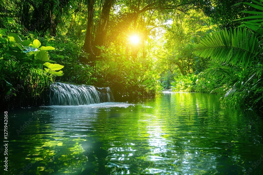 Poster sunlight streams through a lush tropical rainforest canopy, illuminating a serene stream with a smal