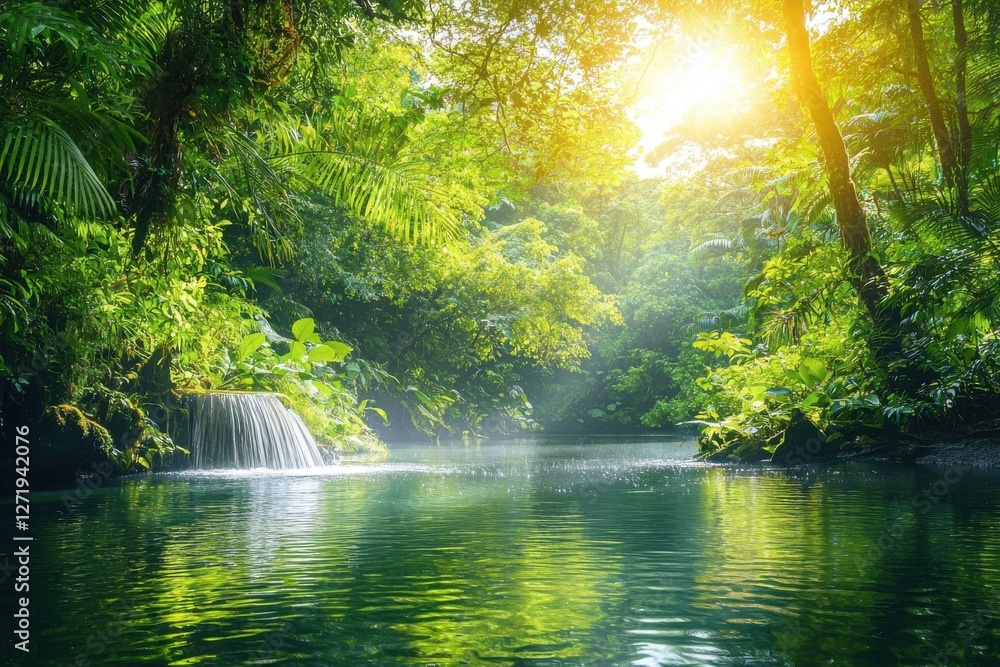 Poster a tranquil tropical paradise with sunlight filtering through lush green forest, illuminating a clear