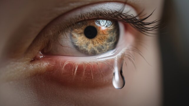 Close-up of a tear falling from an eye with intricate iris patterns and soft eyelashes.
